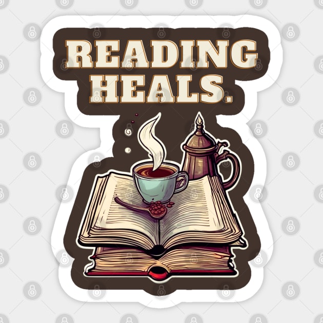 Reading Heals: Books and Coffee for reading levers Sticker by Tanguarts